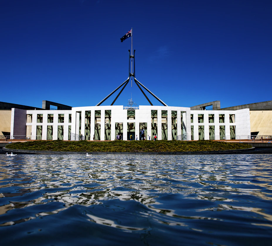 Australian Parliament House in Canberra seen across Lake Burley Griffin