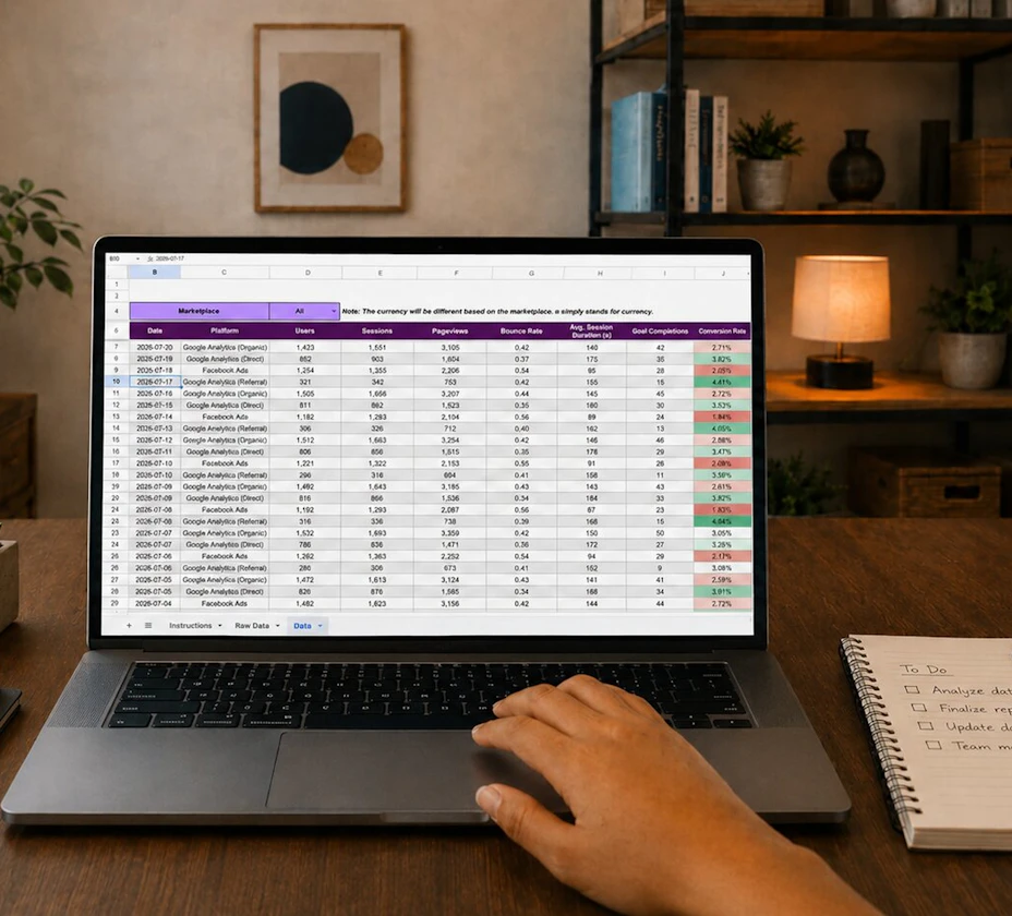 Laptop on a desk displaying a spreadsheet of bank transaction data